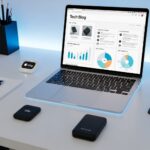 Consultation du site Trackr.fr Tech sur un ordinateur portable entouré de traceurs GPS et AirTags pour un comparatif.